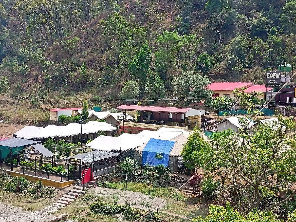 Aerial view of the camp nestled against the hillside
