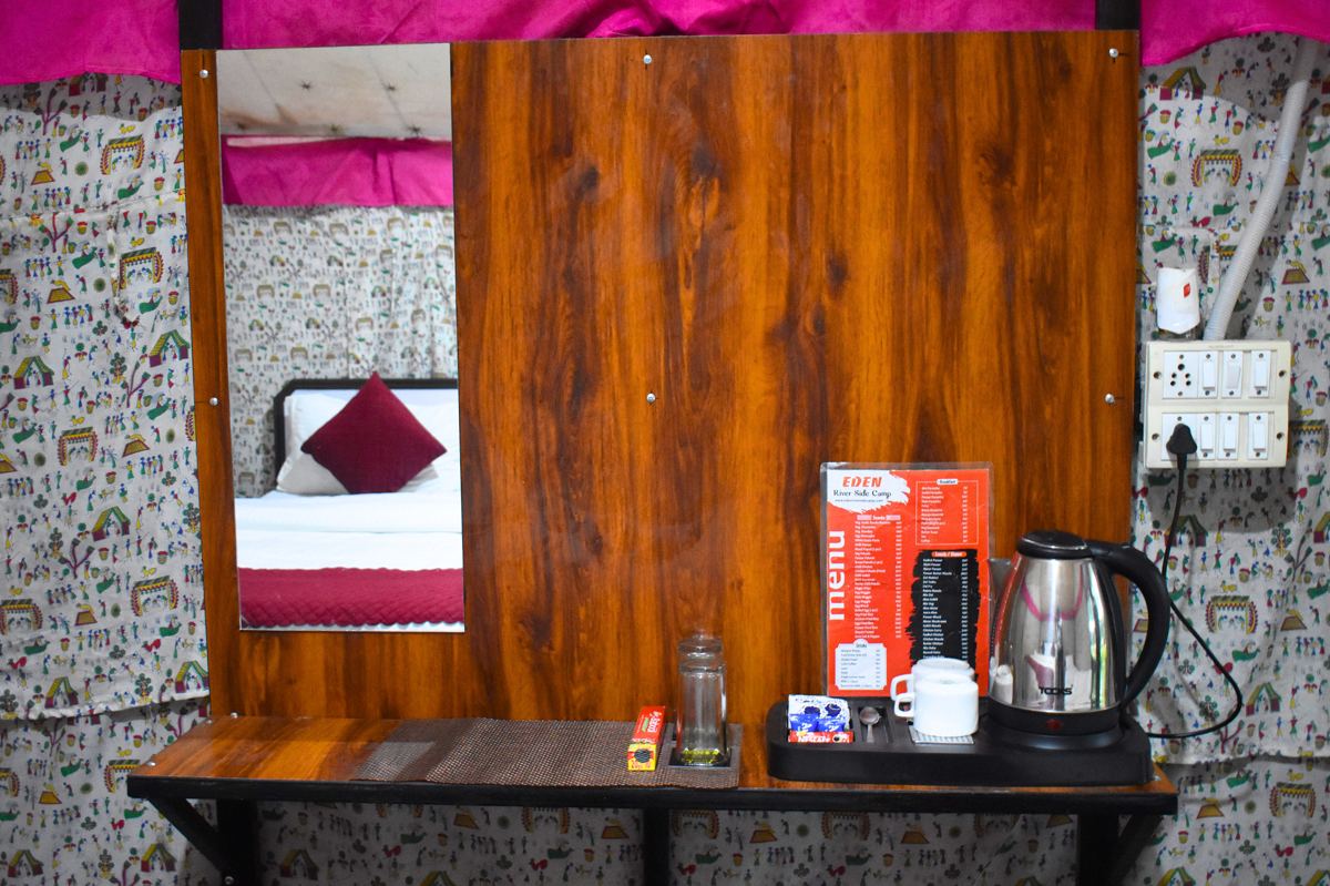 In-tent amenities with kettle and menu